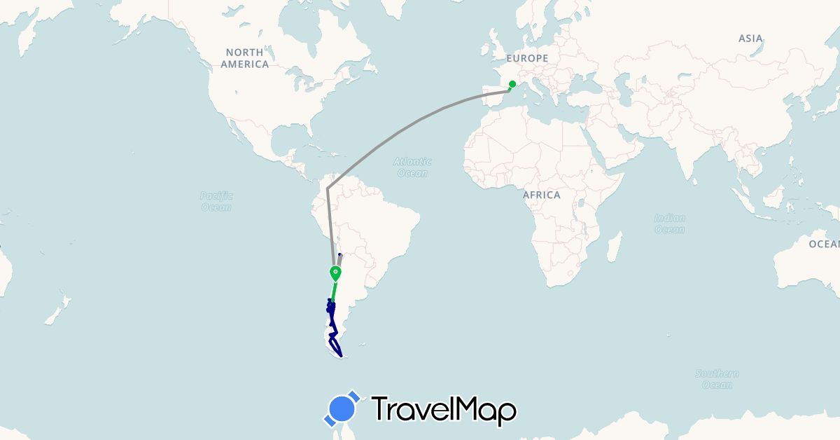 TravelMap itinerary: driving, bus, plane in Argentina, Chile, Colombia, Spain, France (Europe, South America)